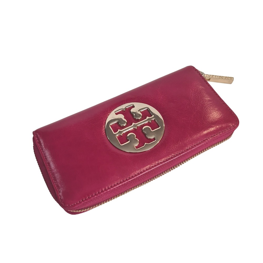 Tory Burch Pink Leather Zip Around Continental Wallet Large Gold Medallion Logo